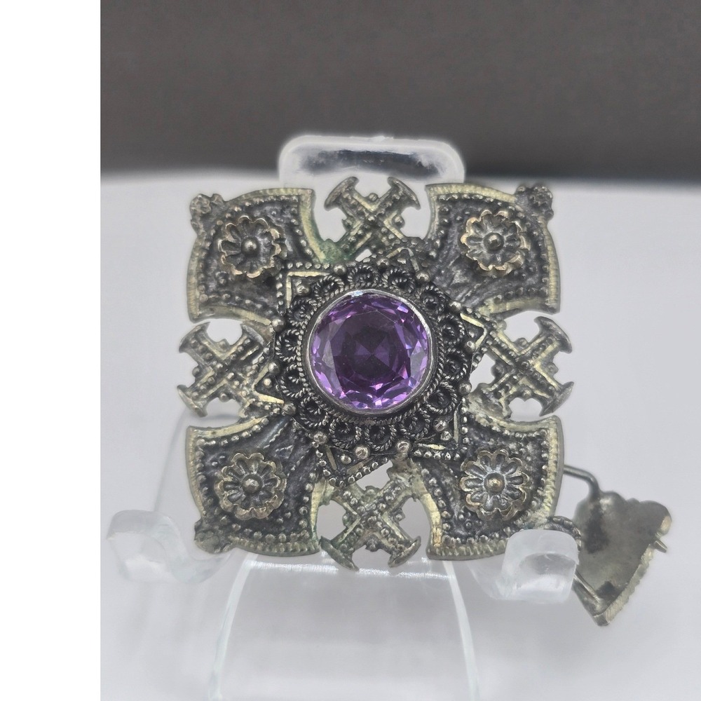 Vintage Estate Jerusalem Maltese Cross Pendant Purple Stone 900 Silver